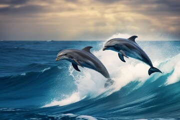 Playful dolphins jumping over breaking waves. Hawaii Pacific Ocean wildlife scenery.