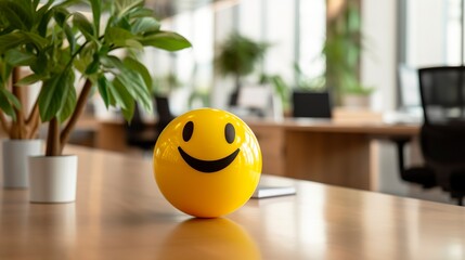 A Yellow Smiling Ball Can Promote a Positive Work Environment. - obrazy, fototapety, plakaty