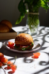 Sandwich in a plate, mini burger, arugula tomato, turkey, food in sunlight, sandwich on a white background.