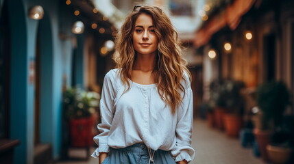 Portrait of a beautiful young woman with long curly hair in the city - obrazy, fototapety, plakaty