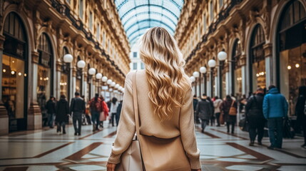 Blonde girl in a coat on the background of a shopping center - obrazy, fototapety, plakaty