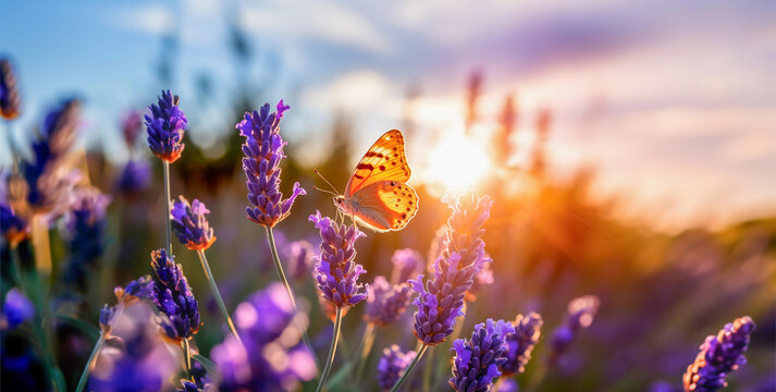 Wide field of lavender and butterfly in summer sunset, panorama background. 
