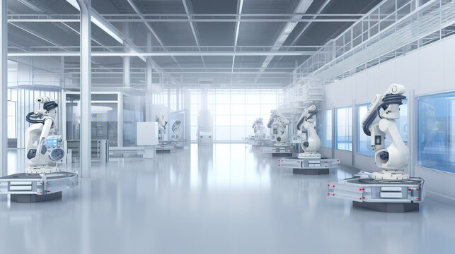 Industry 4.0 smart factory interior showcases advanced automation, machinery