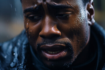 Dramatic Portrait close up of a black man crying