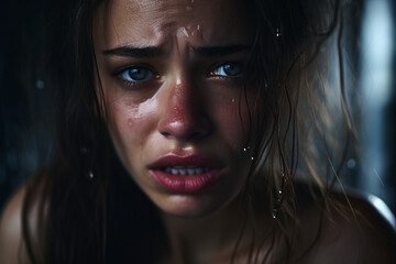 Dramatic close up Portrait of beautiful girl cry