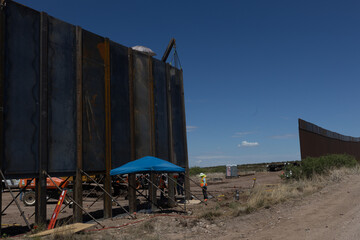 A border wall dividing Mexico and the United States, panoramas taken along the Chihuahua state...