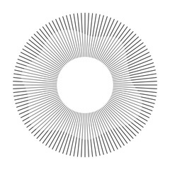 Circular frame. Round shape. Radial concentric lines. Gray ring of short thin rays with wavy silhouette isolated white background. Design element. Sound wave. Sun ray. Vector illustration.