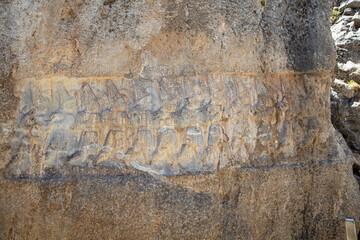 Wall sculptures from the Hittite civilization in Yazılıkaya monument located near Çorum in Anatolia.