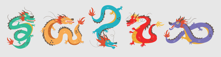 Set of Chinese dragons.Chinese New Year, Traditional Chinese Dragon character Mythological creatures. Zodiac sign. Chinese asian cartoon style. Hand drawn colored Vector illustration. Vector oriental 