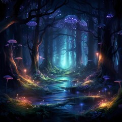 Mysterious mythical forest illuminated by fireflies. Generative ai.