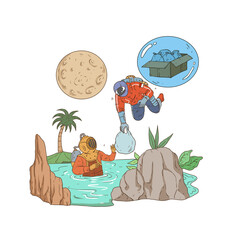 image of a flying astronaut giving gifts to his friends in the water. can be used for gifts, astronaut, space, science, technology, flying, moon, planet