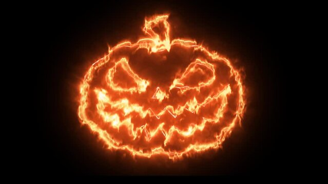 A fiery pumpkin of lines laughs ominously , on a transparent background with an alpha channel . Animation of a fire pumpkin for the Halloween holiday.