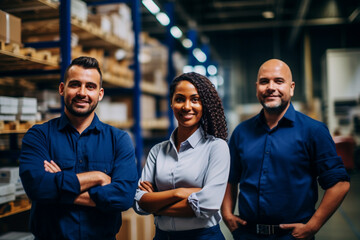 Diversity, team and portrait of engineering employees standing in an industrial office, Industry workers working on a site development project together in a corporate room at the staff warehouse