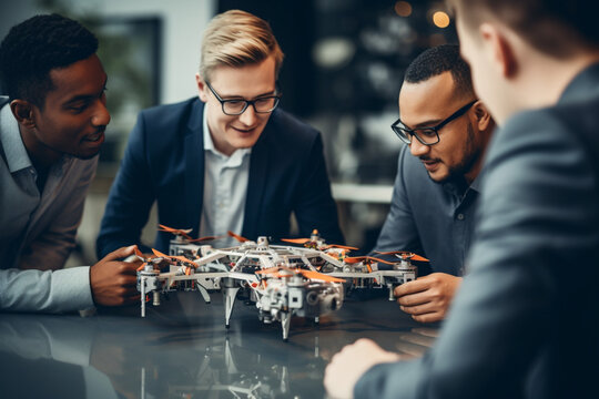 Diverse Engineers Discussing New Powerful Microchip to Put it Inside the Modern Drone, Technological Startup and Innovative Technologies in Unmanned Aerial Vehicle Concept