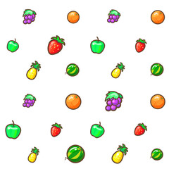 Seamless background. Cartoon style. Bright linear icons of fruits. Also for printing on paper and fabric. Vector texture for the web background, design template.