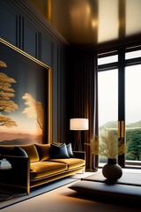 Architectural Digest photo of a Japanese and Scandinavian design style living room with lots of golden light, hyperrealistic surrealism, award winning masterpiece with incredible details, epic stunnin