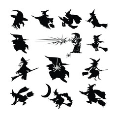 Halloween witch vector silhouette illustration set isolated on a white background.