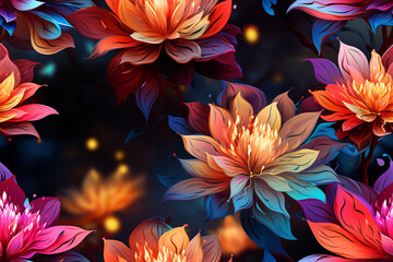 A neon-inspired design of a colorful abstract flower with glowing petals and a dark Background with tile feature (AI Generative)