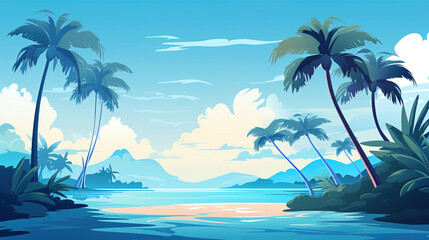 Fototapeta na wymiar minimalist flat vector wallpaper empty ocean, tropical island palm background, with empty copy space
