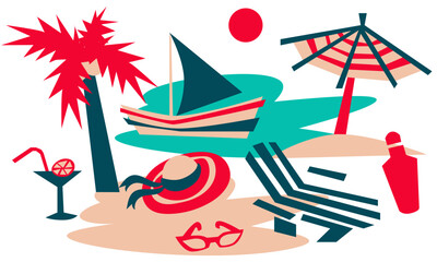 Summer beach set, vacation on the riviera. Abstract attributes of relaxing at sea, sunglasses, umbrellas, chaise longue, boat, hat, cocktail, sunset, beach, palm tree. Vector set for summer holidays
