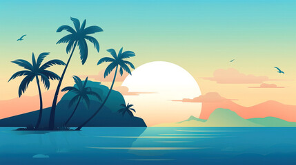 Fototapeta na wymiar minimalist flat vector wallpaper empty ocean, tropical island palm background, with empty copy space