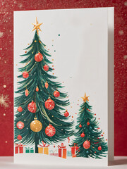 Christmas Card with Illustrated Christmas Trees and Presents on Cover Standing up - Text Ready - Mock Up