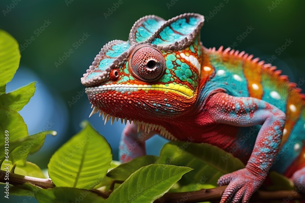 Poster close up of colorful chameleon on the tree in the forest, close up of colorful chameleon on green le