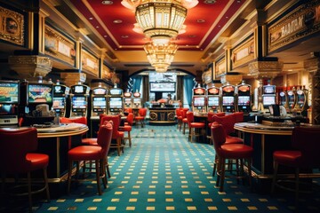Fototapeta na wymiar Luxury casino interior with slot machines, 3d render. Classic vintage american las vegas casino interior, AI Generated