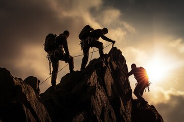 Silhouette of a group of climbers reaching the top of a mountain, Climbers helping another climber to climb up, Rear View, No visible faces, AI Generated - obrazy, fototapety, plakaty
