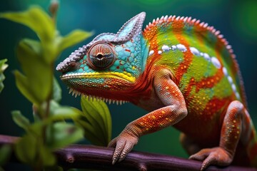 Colorful chameleon on a branch. Close-up. Close up of colorful chameleon on green leaves. Wildlife...