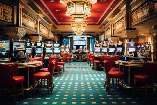 Luxury casino interior with slot machines, 3d render. Classic vintage american las vegas casino interior, AI Generated
