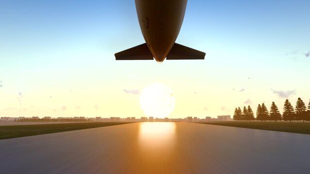 plane taking off at airport in the morning.