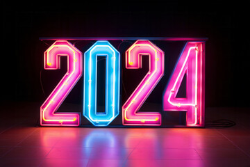 Number 2024, a flickering red neon sign illuminates a vibrant blue wall, happy new year future is coming. Text copy space layout for greeting card or nice wishes.