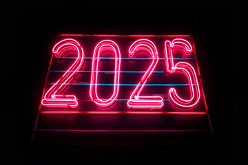 Number 2025, a flickering red neon sign illuminates a vibrant blue wall, happy new year future is coming. Text copy space layout for greeting card or nice wishes.