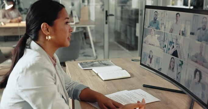 Video call, business people and office with online consulting, planning and teamwork conversation. Corporate professional, meeting notes and digital workshop with webinar and worker collaboration