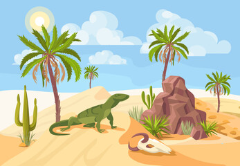 Desert landscape. Dry and hot climate. Monitor lizard sits on sand dune. Sahara nature. Palm trees and cacti. Sandstone and skull. Drought panorama. Reptile animal. Splendid vector concept
