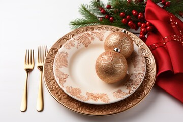 Christmas table setting with Xmas decoration isolated on white, above view. Festive holiday dinner