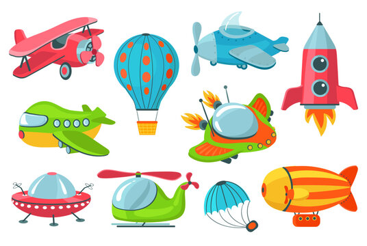 Kids air transport. Cute childish vehicles. Flying toys. Helicopter and rocket. Aerial balloon flight. UFO and airships. Children aircraft. Cartoon baby aviation. Splendid vector set