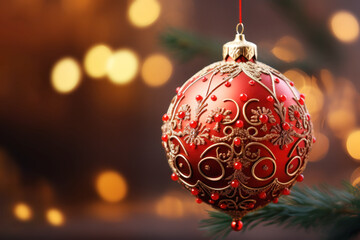 Christmas ball ornament with copy space for text, bokeh background