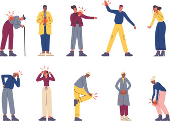 Fototapeta premium People with pain. Cartoon men or women suffering from aches. Hurt types. Health problems. Red marks in different body parts. Inflammation or trauma. Disease painful symptoms vector set