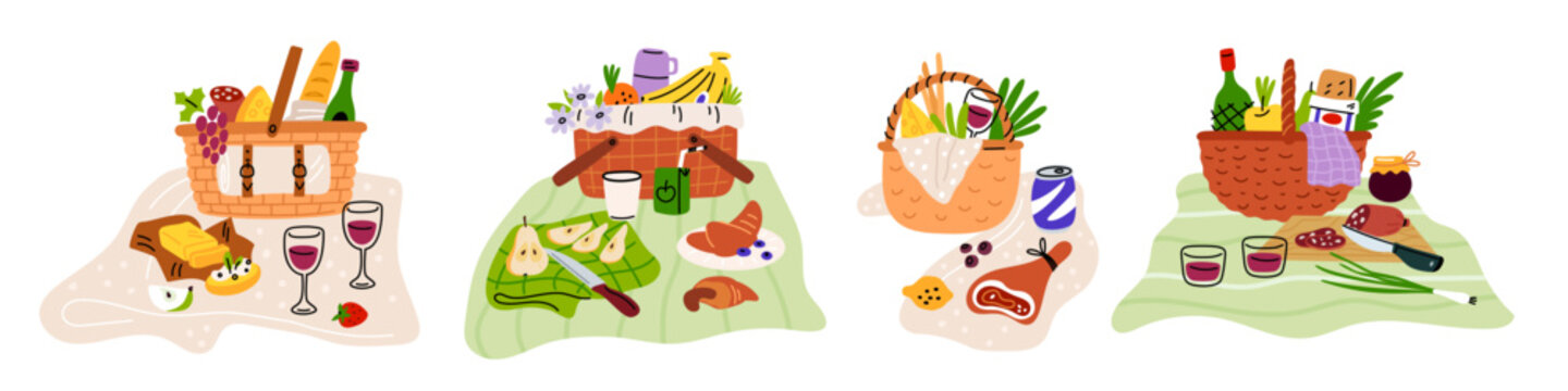 Picnic baskets compositions. Eating food outdoors. Serving lunch in nature. Wicker boxes with delicacies. Cheese and fruits. Wine glasses and meat pieces on blanket. Garish vector set