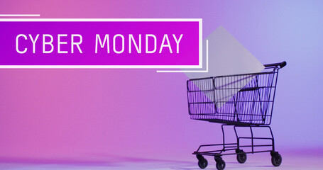 Image of cyber monday text over shopping trolley