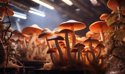 mushroom cultivation room ready to harvest, ai generative - obrazy, fototapety, plakaty