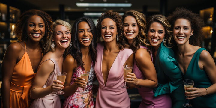 Vibrant team of diverse women in stylish, colorful dresses celebrating a professional milestone with champagne in a luxurious corporate lounge.