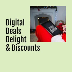 Digital deals, delights and discounts text and santa claus with cyber monday text on tablet screen
