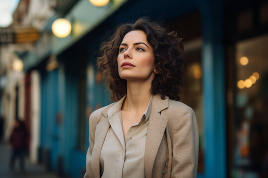 Contemplative mid adult woman in the stree