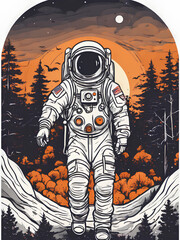 Retro Halloween Astronaut - Vintage Illustration of an Astronaut in a Spooky Forest at Sunset