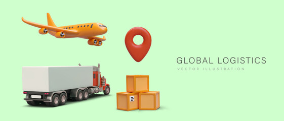 3d truck, airplane and parcels. Placard with place for text for postal company. Cargo delivery, global logistic concept. Vector illustration with green background