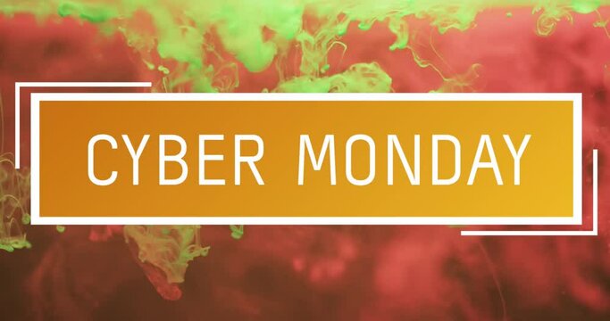 Animation of cyber monday text over orange liquid background