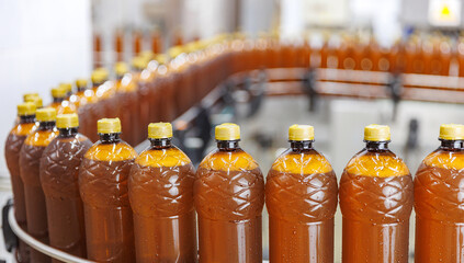 Concept banner modern production line brewery industry. Conveyor with brown plastic beer bottles...
